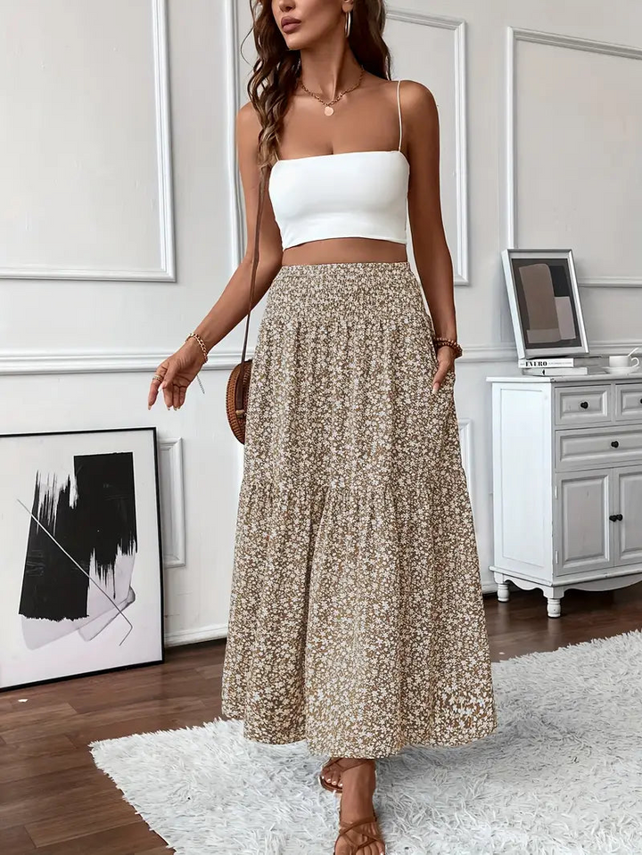Falda larga con estampado floral y cintura fruncida – estilo bohemio para el verano