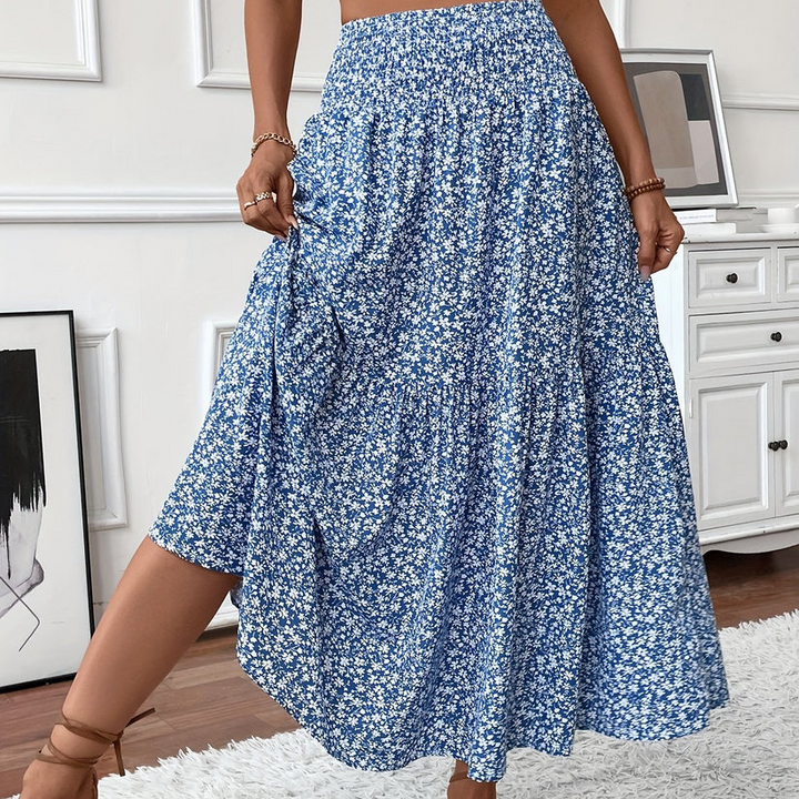 Falda larga con estampado floral y cintura fruncida – estilo bohemio para el verano