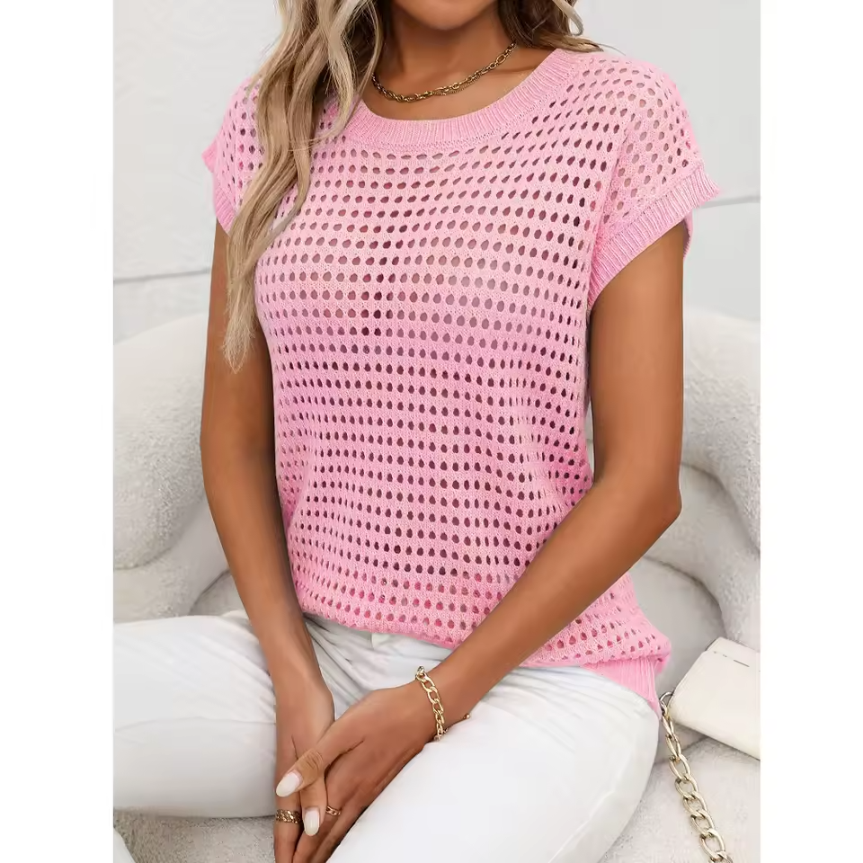 Top Calado Veraniego Para Mujer – Jersey Sin Mangas De Punto Suelto Con Cuello Redondo