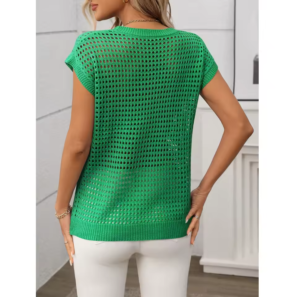 Top Calado Veraniego Para Mujer – Jersey Sin Mangas De Punto Suelto Con Cuello Redondo