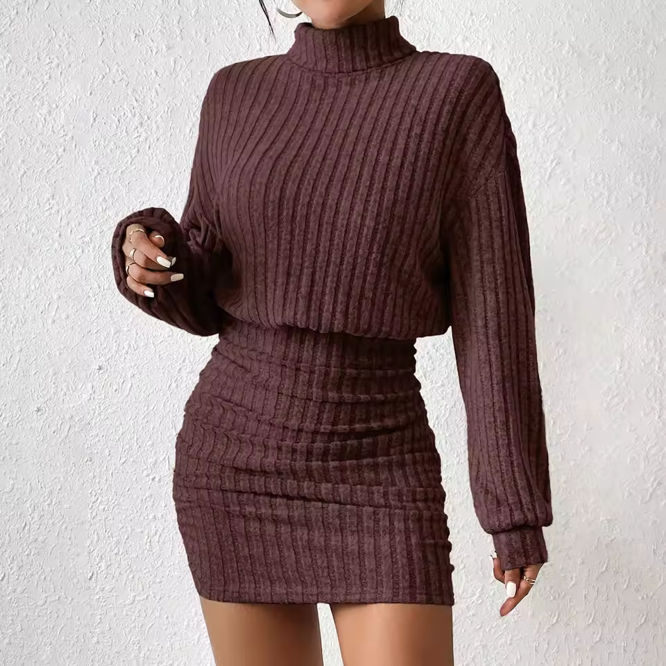 Vestido De Punto Para Mujer – Mini Ajustado De Invierno Con Cuello Alto Y Manga Larga