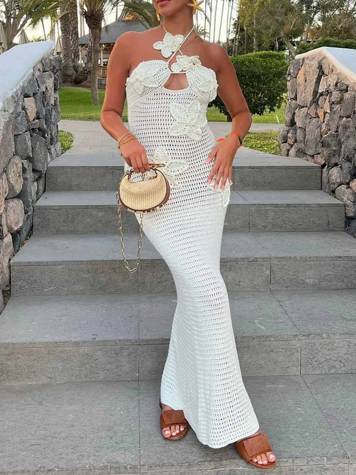 Vestido largo ajustado de ganchillo con flores y escote atado al cuello - estilo verano elegante