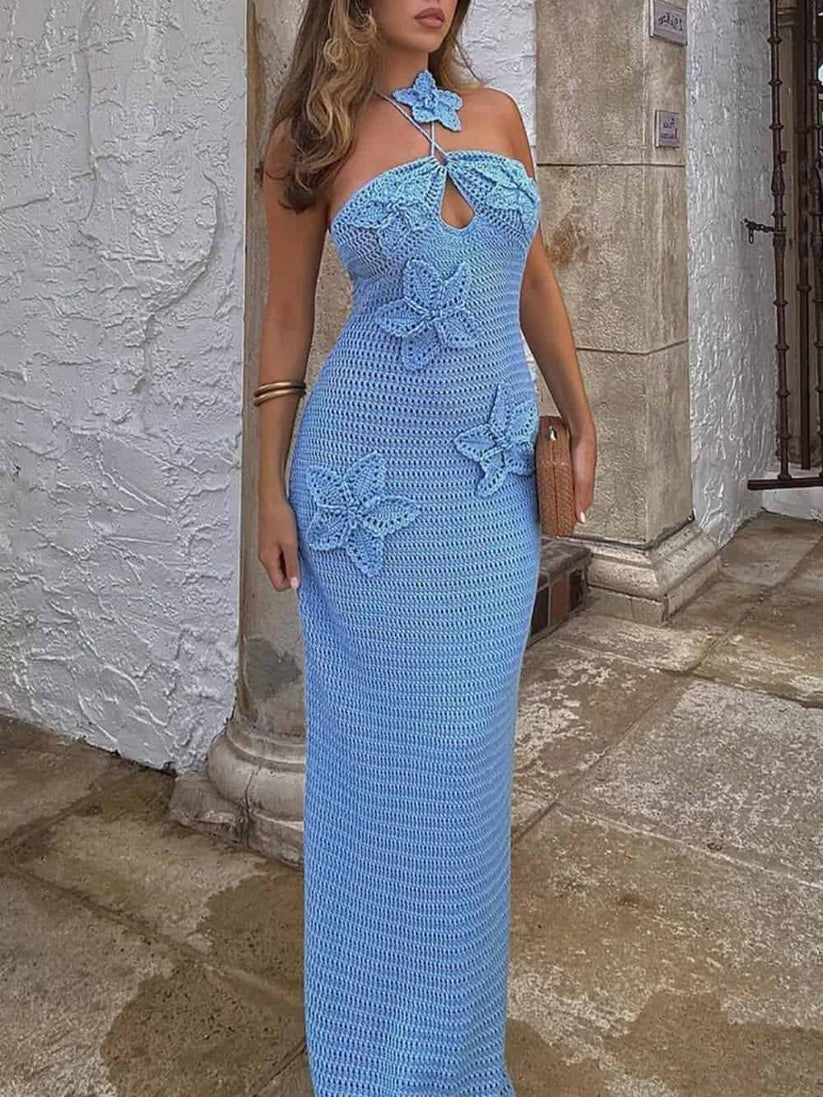 Vestido largo ajustado de ganchillo con flores y escote atado al cuello - estilo verano elegante