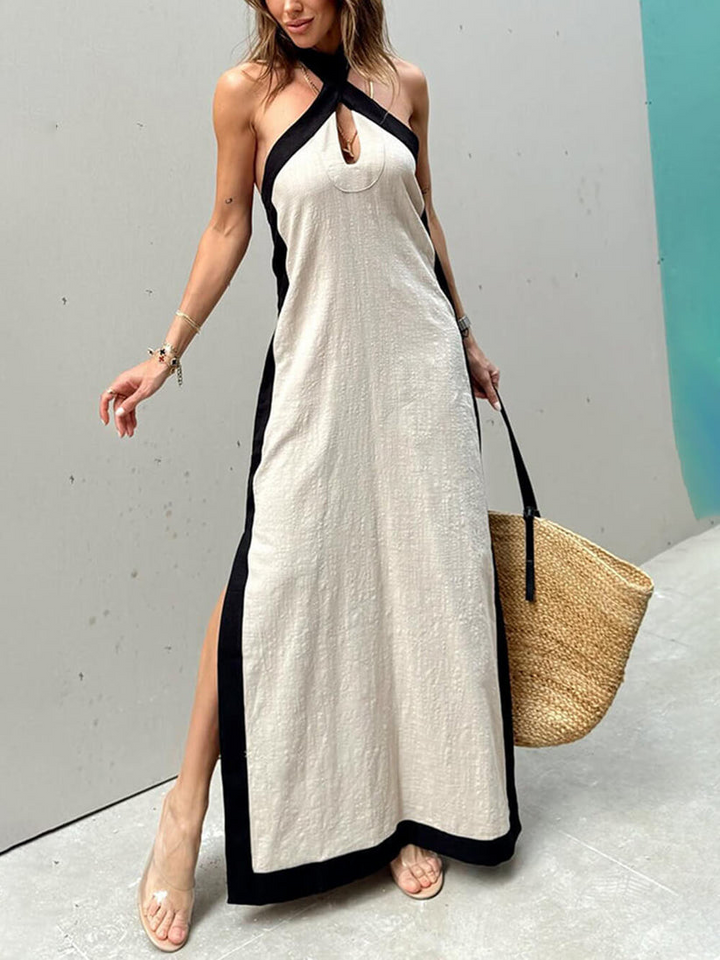 Vestido largo bicolor con escote cruzado y detalle de abertura