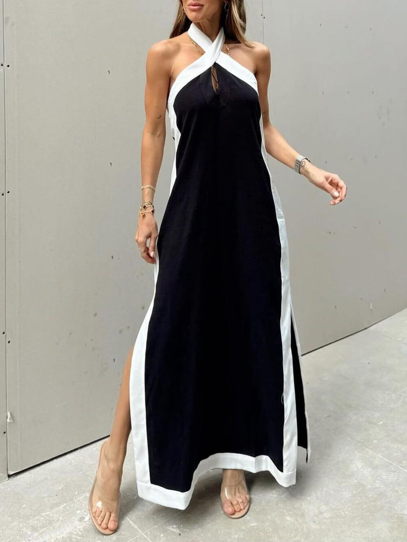 Vestido largo bicolor con escote cruzado y detalle de abertura