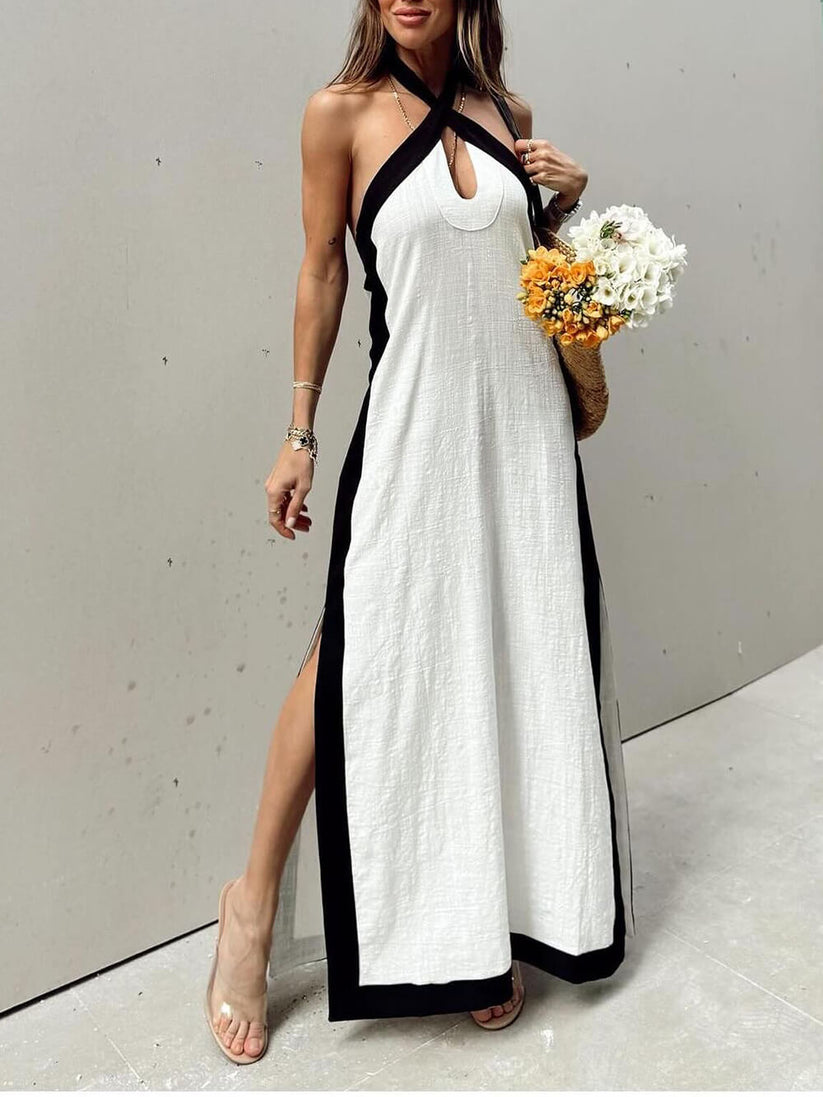Vestido largo bicolor con escote cruzado y detalle de abertura
