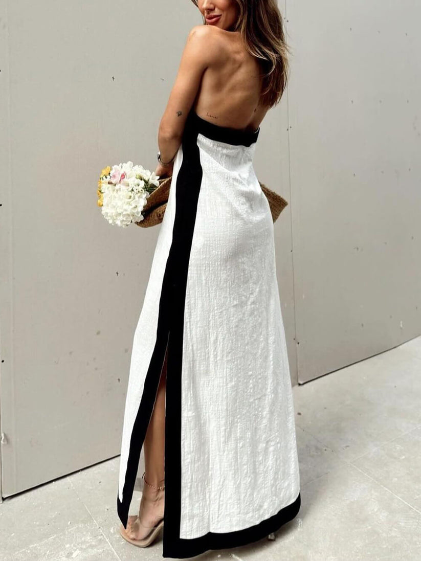 Vestido largo bicolor con escote cruzado y detalle de abertura