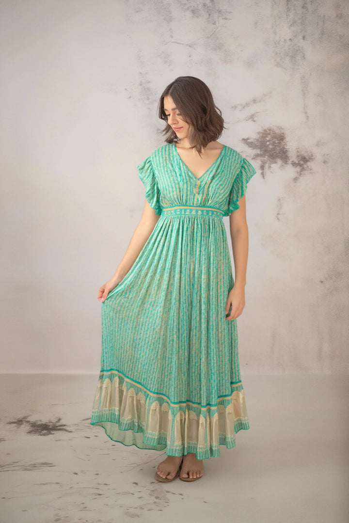 Vestido largo bohemio de mujer con mangas cortas y estampado floral