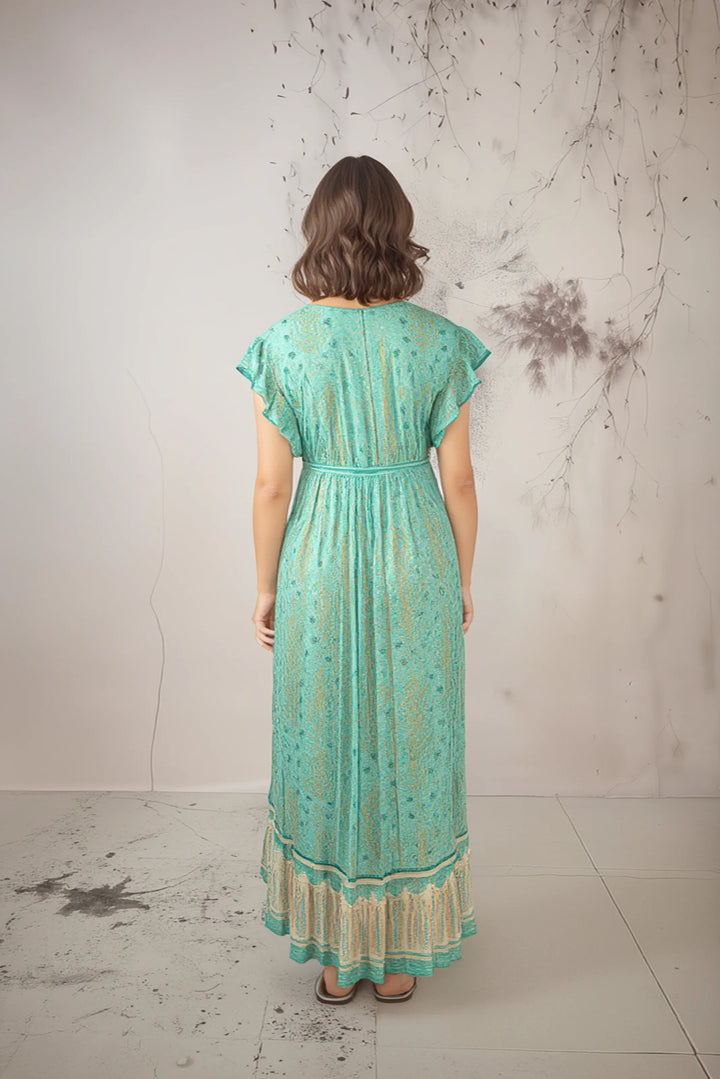 Vestido largo bohemio de mujer con mangas cortas y estampado floral
